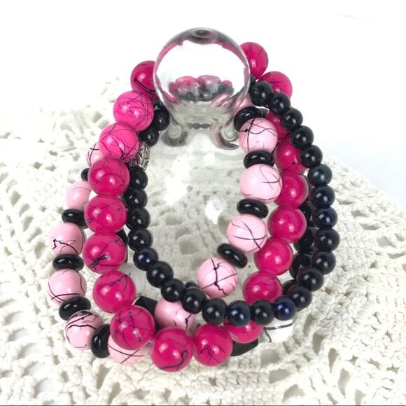 Stackable Bracelets Pink Black White Stretch 4Pc - Picture 1 of 6